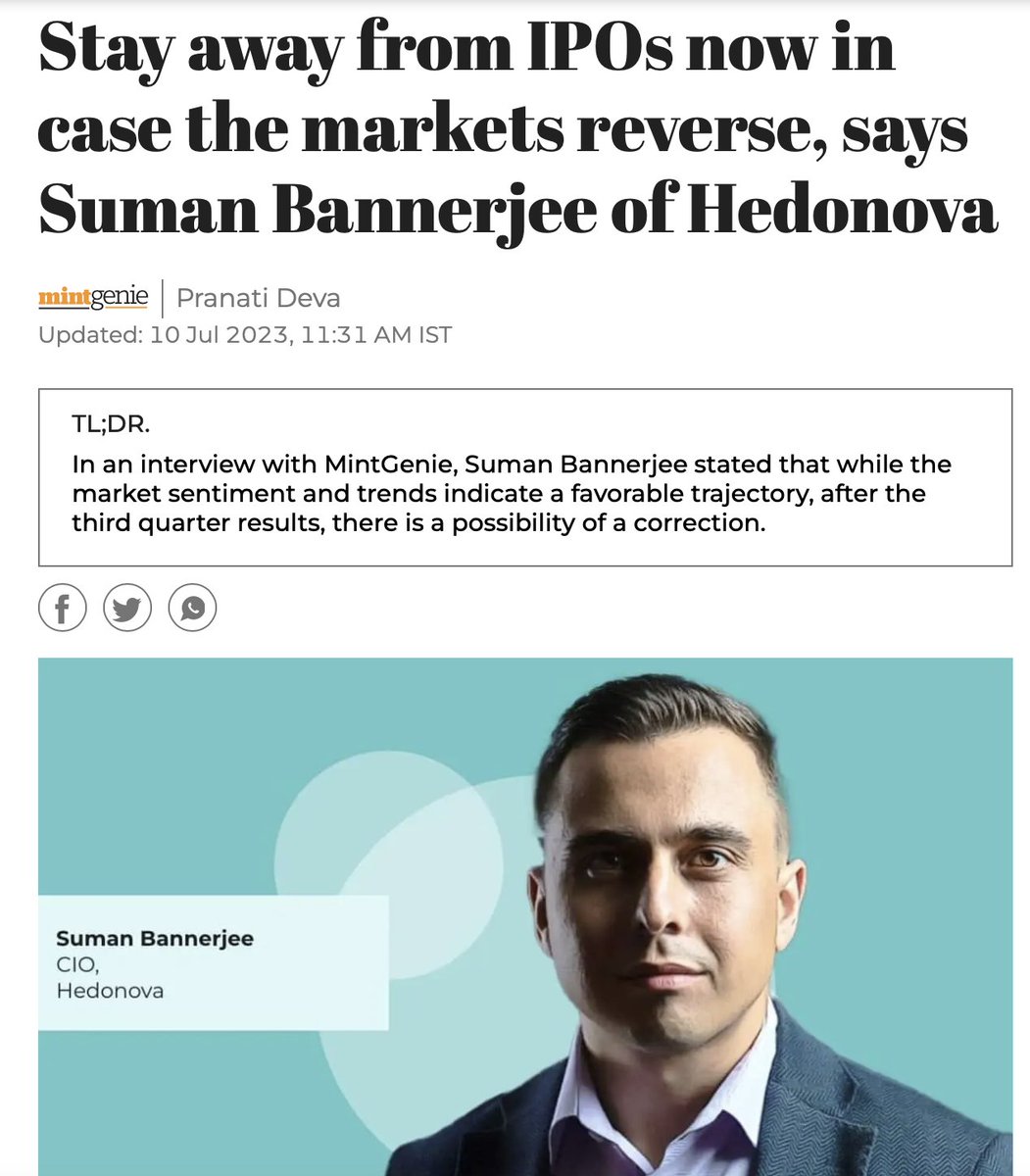 Anshhumansharma's tweet photo. It's baffling how one company can be painted as both the villain and the expert within the same platform. Read this one till the end. 

These are two articles by @livemint about the same company, Hedonova. 

The first article was published on May 2022:

This article  brought some serious concerns about Hedonova to light. It claimed that Hedonova, supposedly run by Anurag Bhatia, who was previously involved in scams and shady deals. It’s said that Bhatia, who has a record of fraudulent activities and barred by SEBI to participate in the market, might be pretending to be Neil Aryan Birla to run this company.

It was reported that Hedonova might be a scheme designed to trick people into giving them money, with false promises and fake identities. Even people who worked there were suspicious because they rarely saw their bosses, and the company made claims about partnerships and associations that other firms denied. Basically, this article suggested that Hedonova and its bosses might be up to no good.

The second Article was published on 10 July 2023 

In a contrasting turn, Livemint then presents Suman Banerjee, Hedonova’s CIO, as a seasoned voice on investments and the financial market. He offers insights, strategies, and forecasts, with no hint of the serious concerns previously detailed about his company. It’s as if the clouds around Hedonova suddenly cleared, making way for the sunshine of financial wisdom. If you look at Suman's photo in the article or his LinkedIn DP, it definitely looks AI generated which sits well with the first article by @livemint . This article definitely looks like a paid coverage but the fact that such a trusted party is dealing with a SEBI convict should raise a lot of questions in the minds of investors and regular followers.