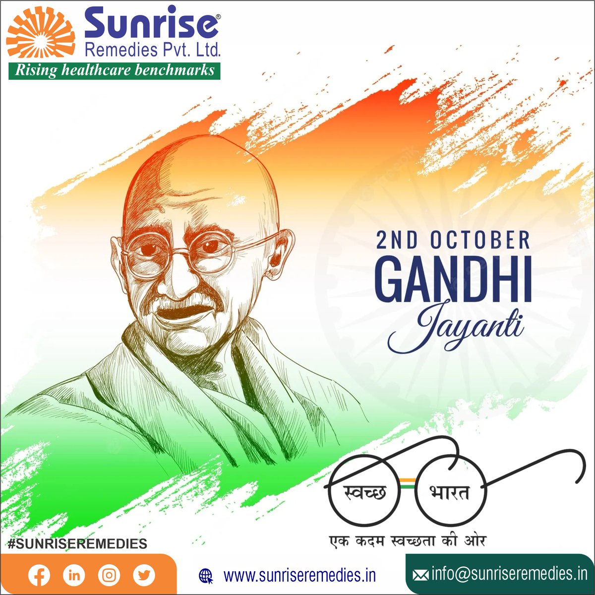“Peace is the most powerful weapon of mankind”
Sunrise Remedies wishes everyone a Happy Gandhi Jayanti!
 
Our Site: sunriseremedies.in

#GandhiJayanti #PharmaceuticalCompany #PharmaManufacturers #NutraceuticalsProducts #AyurvedicProducts #Healthcare #PharmaExporter #Sunrise