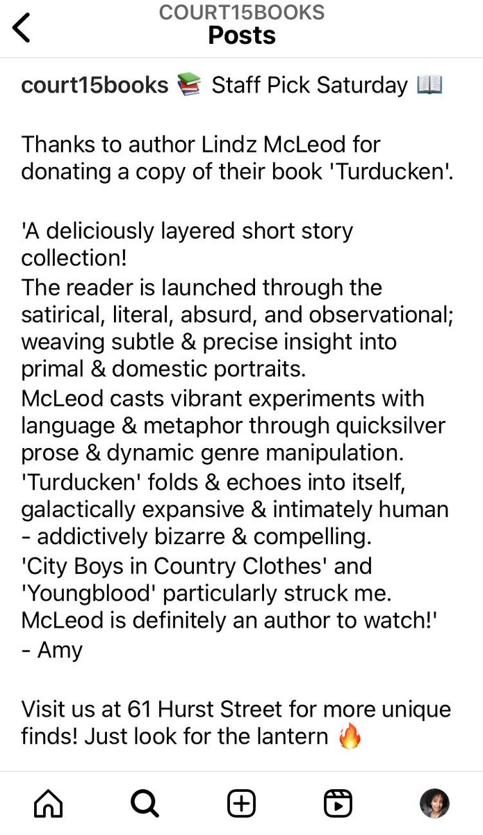 lindzmcleod's tweet photo. Before FantasyCon, Z and I wandered around Birmingham and into a lovely 2nd hand bookstore which raises money for charity. I donated a copy of Turducken and, unexpectedly, they put this incredible review on Instagram! https://t.co/VNyoWUQpns