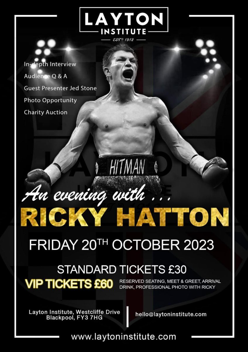 LaytonBlackpool's tweet image. We can finally say THIS IS HAPPENING this month 🥊🤩

🎤 In depth interview
💬 Audience Q&amp;amp;A
😆 Laughs with presenter &amp;amp; comedian Jed Stone
📷 Photo opportunity
🔨Charity auction
📅 Friday 20th October 2023
🎟️ laytoninstitute.com/product/an-eve…

#rickyhatton #hitmanhatton #blackpool #layton