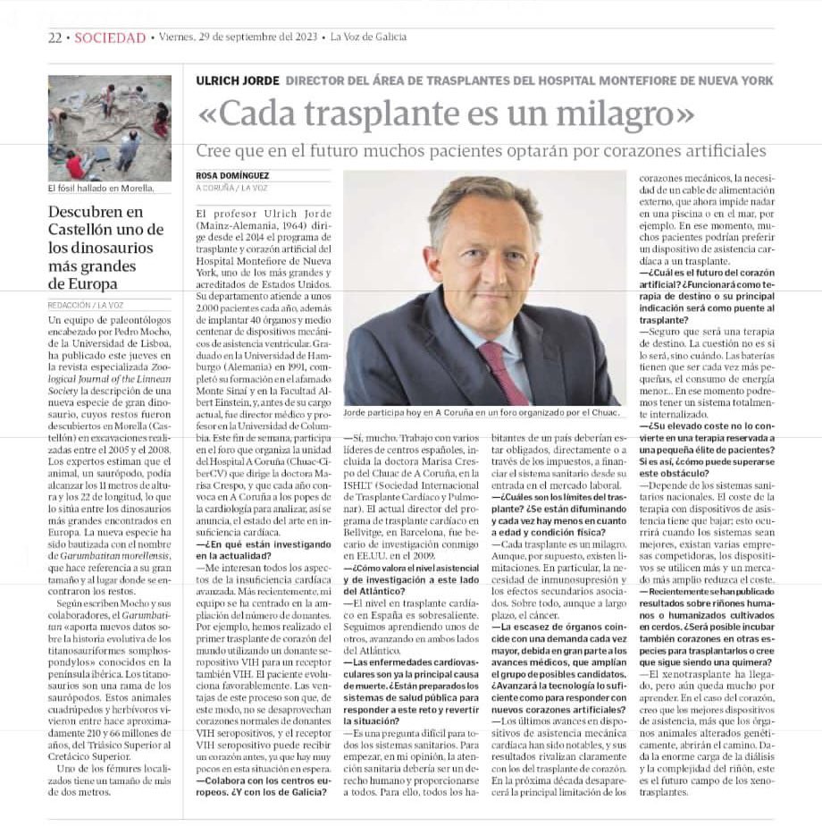 “Each heart transplant is a miracle” Dr. UP Jorde interview in La Voz de Galicia for the X meeting State of the Art in HF, La Coruña 2023 #acoruñahfacademy @MG_Crespo_Leiro @SOGACAR_ @secardiologia @ISHLT