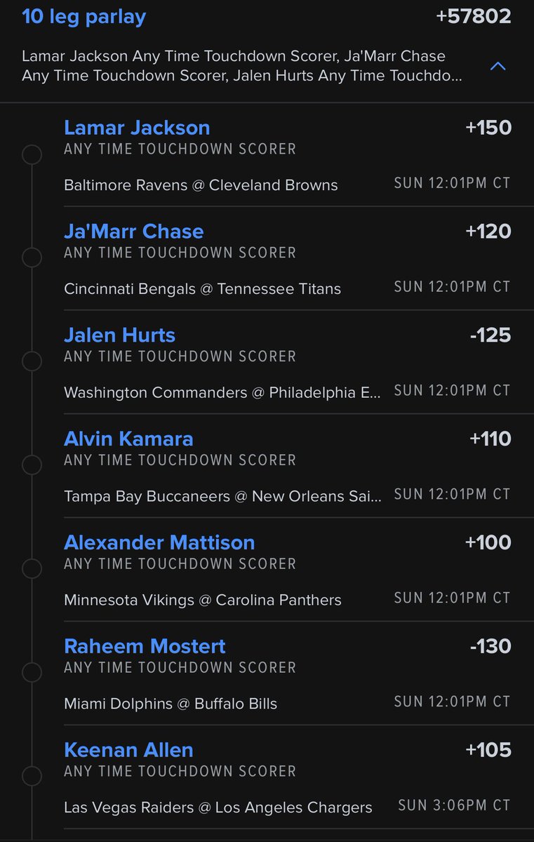 anytimeTDpicks's tweet photo. Long shot ATD parlay #NFL #GamblingTwitter #ATD #anytimeTD https://t.co/5a0t3qLSMZ