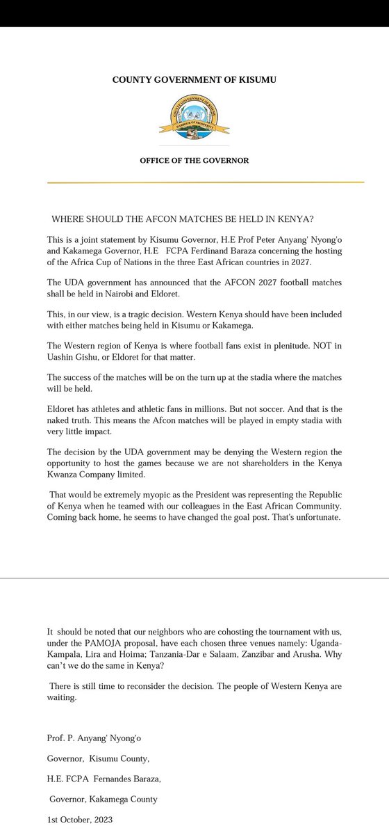 AnyangNyongo's tweet image. WHERE SHOULD THE AFCON MATCHES BE HELD IN KENYA?
This is a joint statement by @County037 H.E   @BarasaFernandes and I concerning the hosting of the Africa Cup of Nations in the three East African countries in 2027.
@StateHouseKenya
@WilliamsRuto 
@moyasa_ke 
@AbabuNamwamba