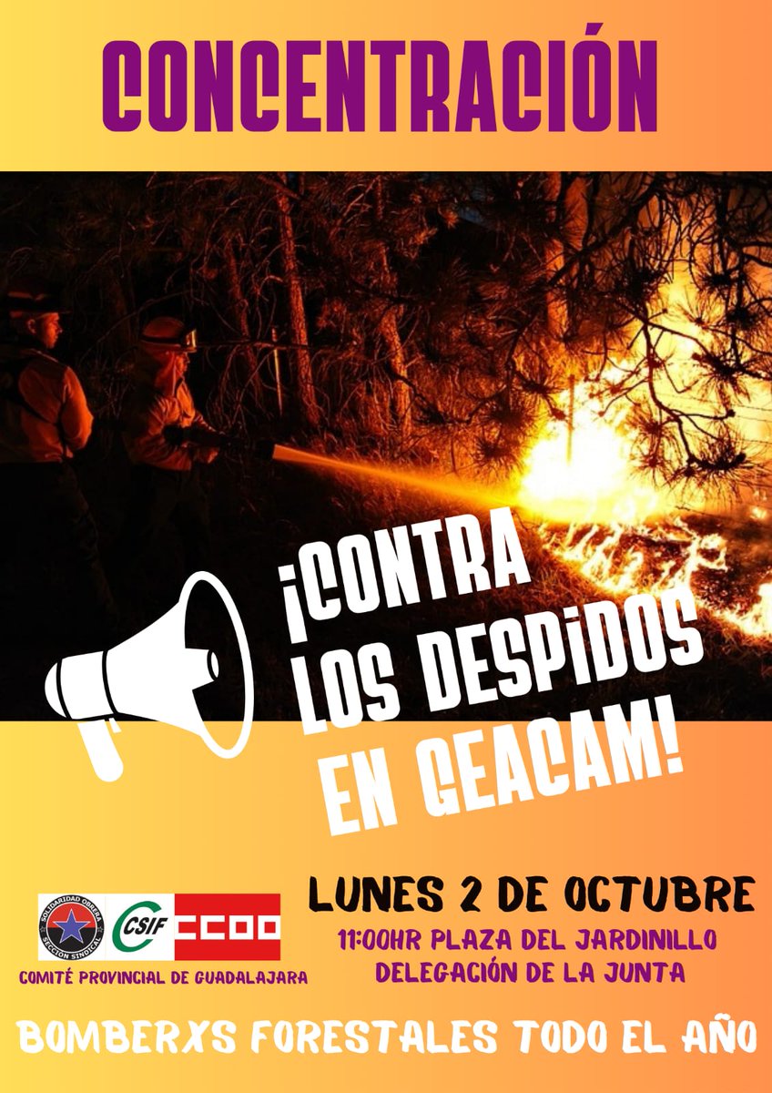 CCOO GEACAM #SalarioOConflicto (@ccoogeacam) on Twitter photo 📢Y 📅 2 de octubre a las 11:00
CONCENTRACION de los #BomberosForestales en Guadalajara ante la delegación del <a href="/gobjccm/">Gobierno de Castilla-La Mancha</a>
Contra los despidos injustos, injustificados e ilegales de los contratados temporales y fijos discontinuos
Convoca por unanimidad el comité de empresa d #Geacam 📢Y 📅 2 de octubre a las 11:00
CONCENTRACION de los #BomberosForestales en Guadalajara ante la delegación del <a href="/gobjccm/">Gobierno de Castilla-La Mancha</a>
Contra los despidos injustos, injustificados e ilegales de los contratados temporales y fijos discontinuos
Convoca por unanimidad el comité de empresa d #Geacam