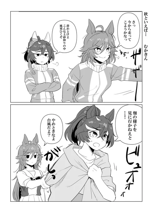 【ウマ娘】秋といえば…(シビエス)  さすがに、ね?  エースが「嵐の畑には様子を見に行っちゃダメだ!」って言ってるのを聞くまでに描いたものですのであしからず #ウマ娘