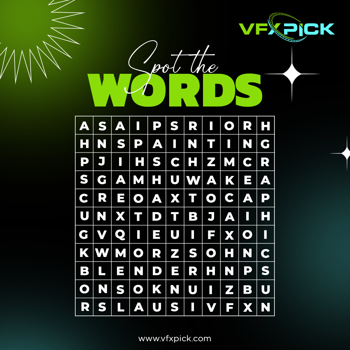 VFX_PICK's tweet photo. Get ready to SPOT THE WORDS!
Challenge your brain with some wordy fun and comment your answers below.
Let your eyes do the detective work
(Clue: It's all about visual effects)

#SpotTheWordsChallenge #WordyFun #BrainTeaser #VisualEffectsPuzzle #WordDetective #FunWithVFX https://t.co/CnXmjJUDAi