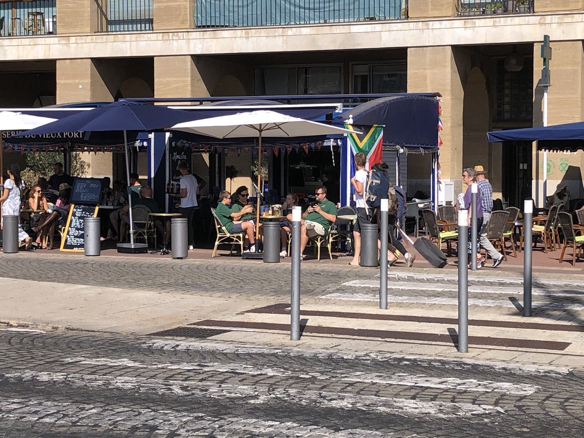 Sunday morning in Marseille and the South Africans are out in force.Some were on the beer at the Lough Ness at 11am (match starts 9pm, do the sums!). Rugby village at the port has been thronged and while there is often a sense of menace in this city there’s a carnival atmosphere.