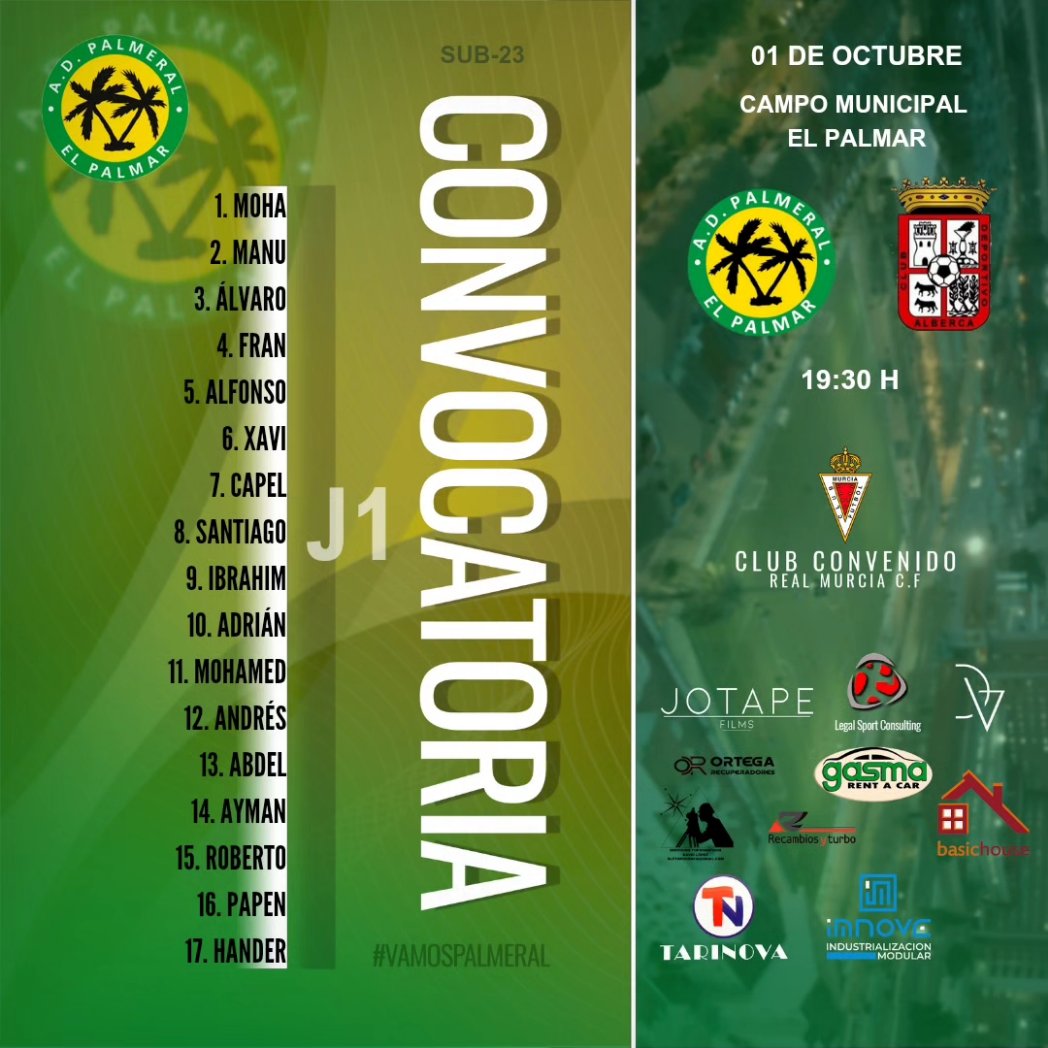 MURADPALMERAL's tweet photo. ⚫🟢PARTIDO | J1🟢⚫
Hoy la Sub-23 empieza la temporada enfrentándose al #CDAlberca
¡Vamos #ADPalmeral! ⚽🌴
⏰ 19:30
📍 Campo Municipal El Palmar
#adpalmeral #palmeral #somospalmeral https://t.co/5A0asC2Wtk