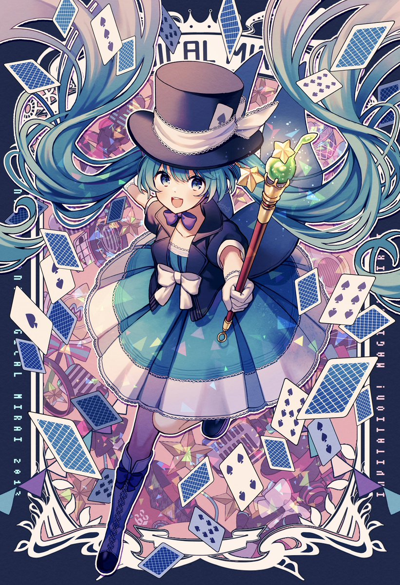 hatsune miku 1girl card solo hat long hair twintails gloves  illustration images