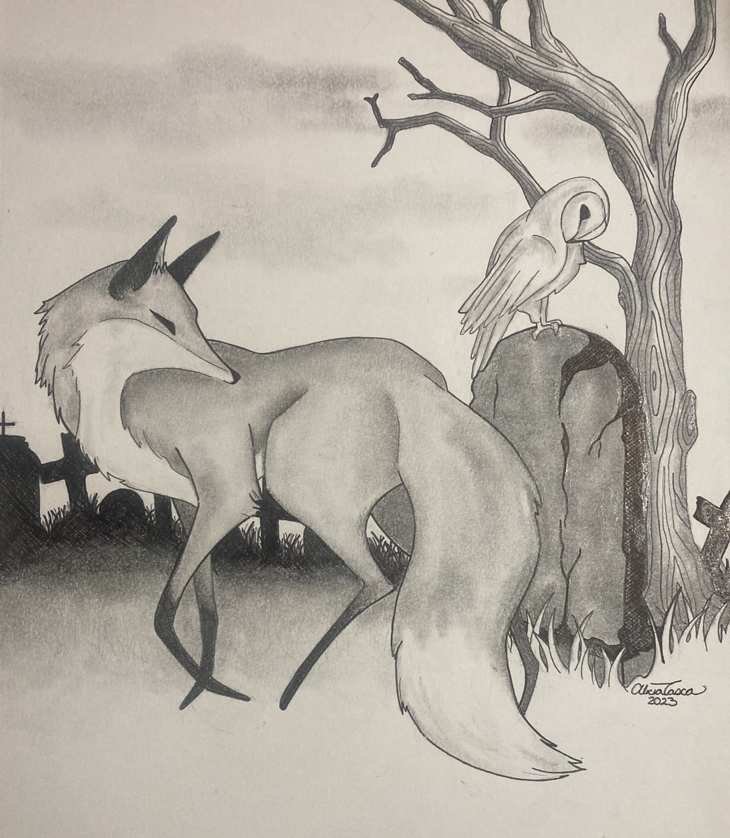 Delirious_Pop's tweet photo. First prompt for @drawtober, just a lovely little stroll between some creatures of night 
#drawtoberovergrowncemetary #drawtober #drawtober2023 #overgrowncemetary #cemetary #fox #barnowl #traditionalart #art https://t.co/wkW2kBgnzN