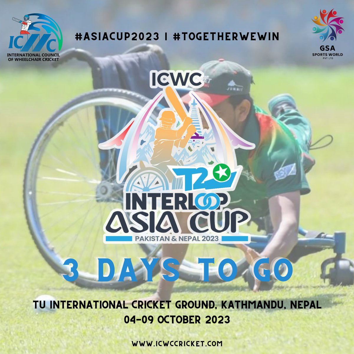 3 days to go, #ICWCAsiaCup
.
#TogetherWeWin 
.
#ICWC #AsiaCup2023 #WheelchairCricket #DCCBI  #SupportWheelchairCricket #GSASportsWorld #India #Pakistan #Nepal #Bangladesh #SriLanka #Cricket #CricketNews #ICC #disabilitycricket #divyangcricket #divyangjancricket
@BCCI @icc