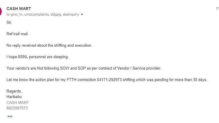 CASHMART8's tweet photo. @BSNLCorporate @bsnl_care @BSNL_TN After 30days shifting ordered, Service not done by BSNL. Then how come we shall continue with. Jio, Airtel and MSP are providing all service without any charges. Installation, Modem and Cable all materials are FREE. Why BSNL collecting money ? https://t.co/vNhIJgyWaB