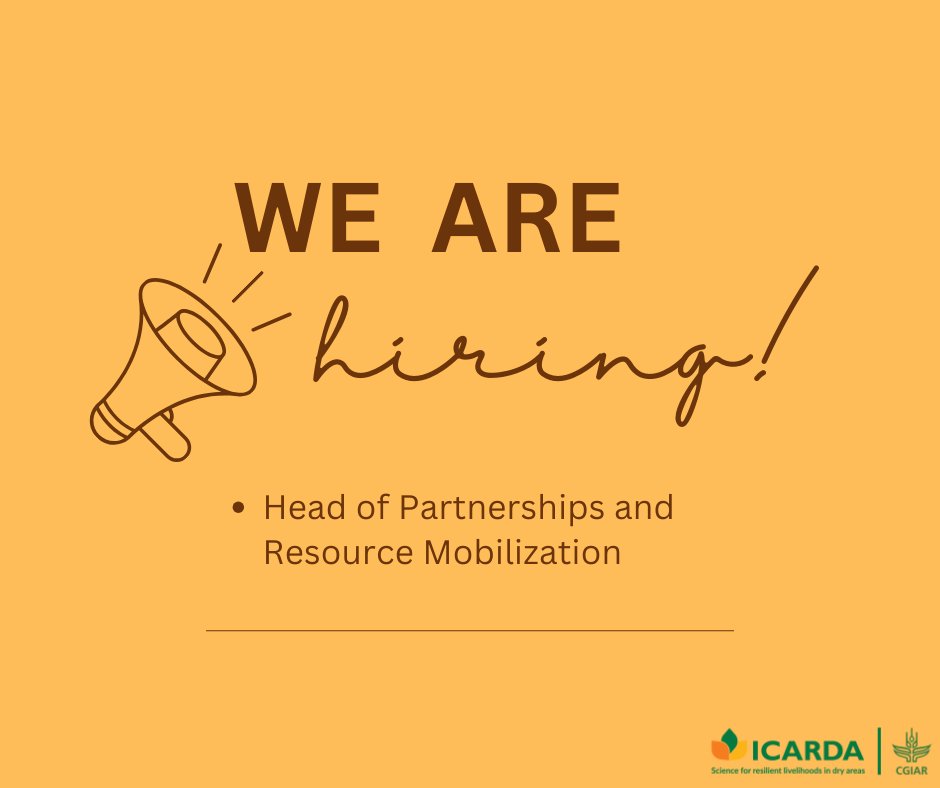 #Workwithus

ICARDA is seeking a “Head of Partnerships and Resource Mobilization” who will manage the Partnerships and Grants Unit with the overall responsibility of developing partnerships, driving resource mobilization &amp; supporting project proposals.

apply.workable.com/icarda/j/024CF…