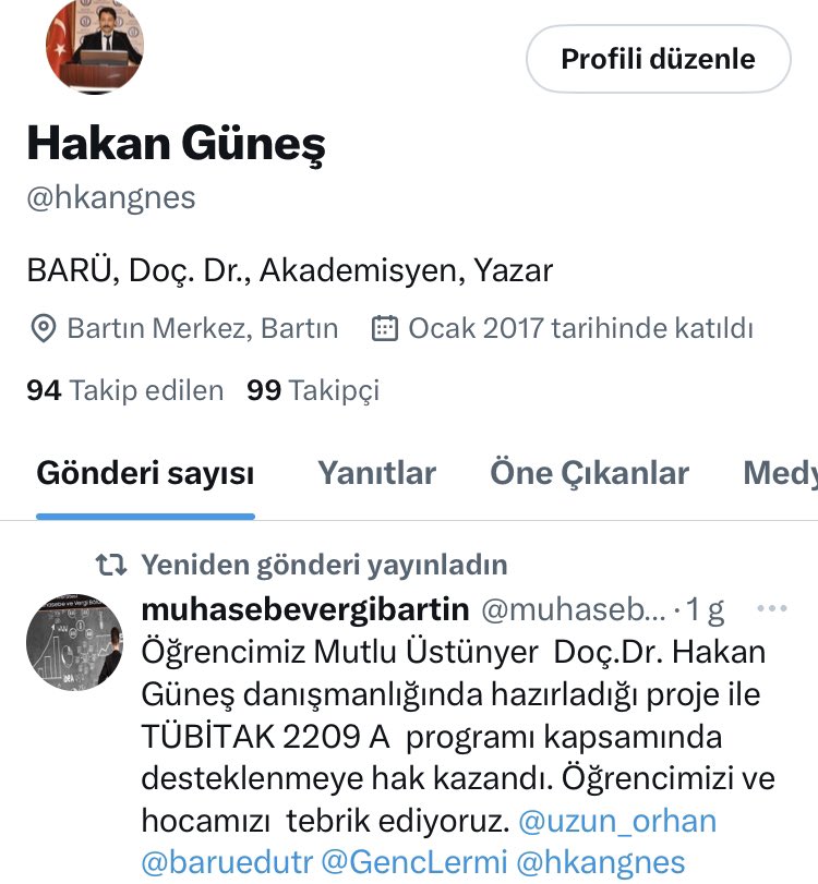 Danışmanı olduğum öğrencim Mutlu Üstünyer’in “Vergi ahlakı ve bilincinin gelişmesinde muhasebe meslek mensuplarının rolü” başlıklı proje Tübitak 2209-A kapsamında kabul edildi. <a href="/hkangnes/">Hakan Güneş</a> <a href="/muhasebevergib1/">muhasebevergibartin</a>