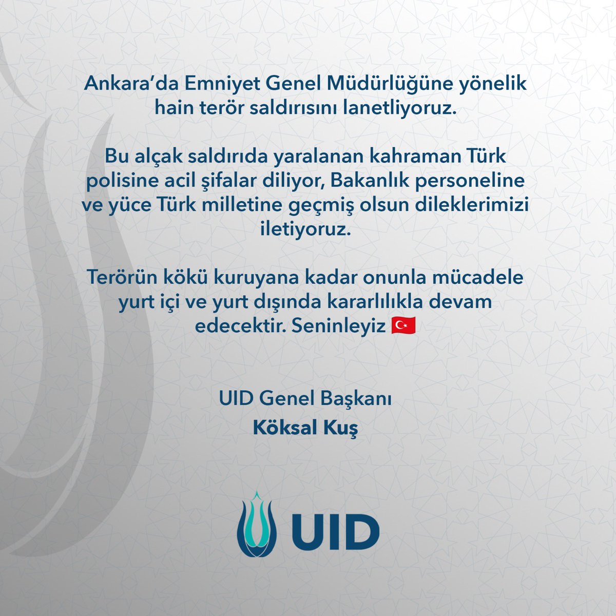 UIDRhonealpes's tweet photo. #Ankara’da İç işleri Bakanlığı ve Emniyet Genel Müdürlüğü'ne yönelik hain terör saldırısını lanetliyoruz. 

Bu alçak saldırıda yaralanan kahraman Türk polisine acil şifalar diliyor, Bakanlık personeline ve yüce Türk milletine geçmiş olsun dileklerimizi iletiyoruz. Seninleyiz 🇹🇷 https://t.co/1p4x5ngrAt