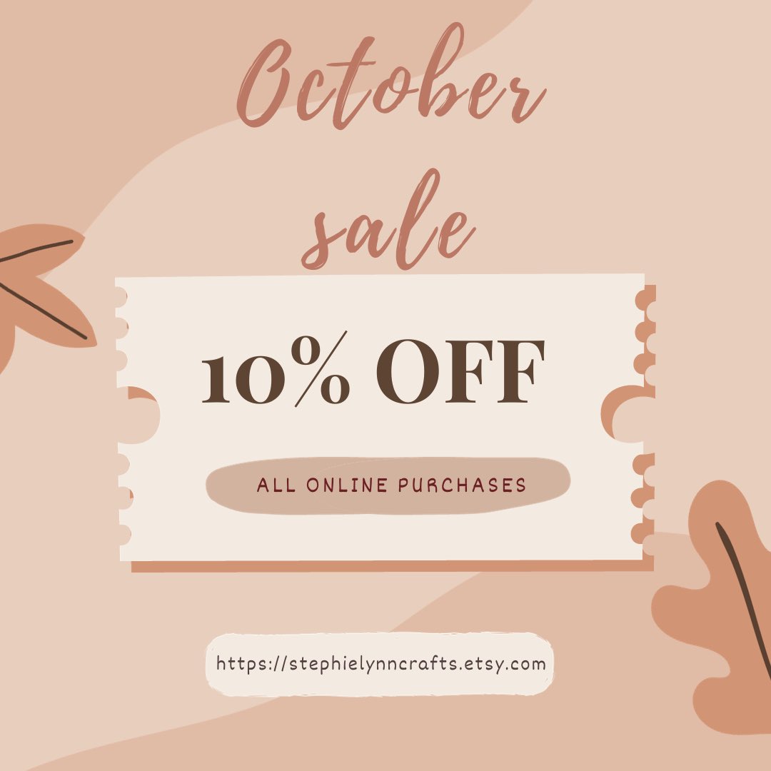 It’s October! Which means everything in my shop is 10% off, including new jewelry I plan to put up later this month in my Etsy Shop! DON’T MISS OUT! Take advantage now!

stephielynncrafts.etsy.com

#artist #etsy #etsyshop #etsyseller #crafts #fallsale #octobersale