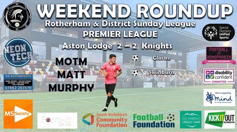 Thank you to @Astonlodgeafc for their hospitality today. Hard fought battle on the pitch and could have gone either way <a href="/Rdslfootball/">Rotherham And District Sunday League</a> praise to <a href="/JamesKay89/">James Kay</a> who did a great job. Goals coming from <a href="/callumclarkeyy/">Callum</a> and <a href="/kane_swinburn/">kane swinburn</a> with <a href="/MattMurphy122/">Matt Murphy</a>
