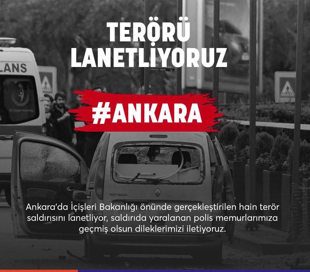 Ankara'da İçişleri Bakanlığı önünde gerçekleştirilen hain terör saldırısını lanetliyor, saldırıda yaralanan polis memurlarımıza geçmiş olsun dileklerimizi iletiyorum. 

Rabbim Milletimizi ve Memleketimizi muhafaza eylesin.