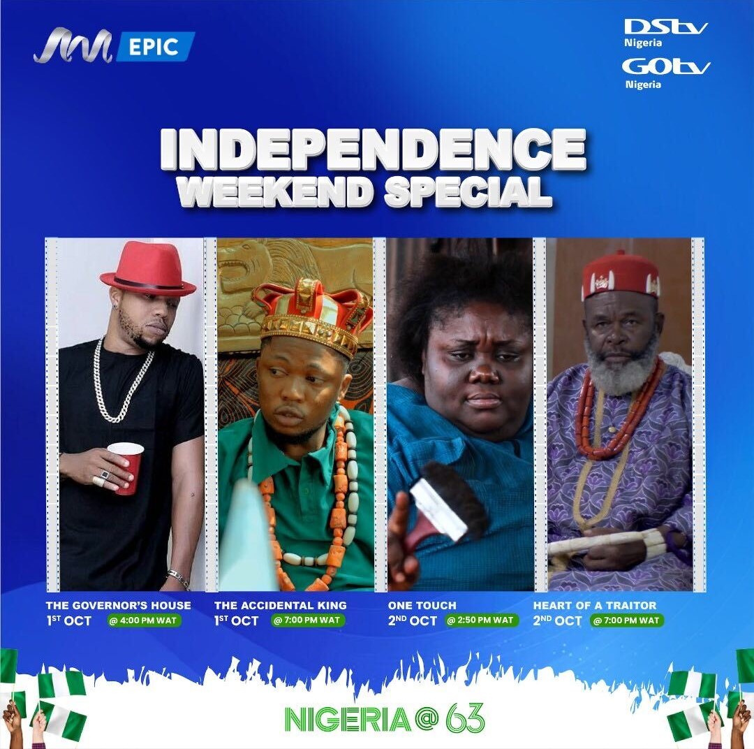 africamagictv's tweet photo. Get ready to turn up for Nigeria's Independence Day celebration with a fantastic lineup of movies on #AMEpic Ch. 152! 📺✨
Reconnect on #MyDStv here: https://t.co/SNKoRMDrxP or #MyGOtv here: https://t.co/T7zT1b5HyF to watch. https://t.co/PjaEcYEsk0