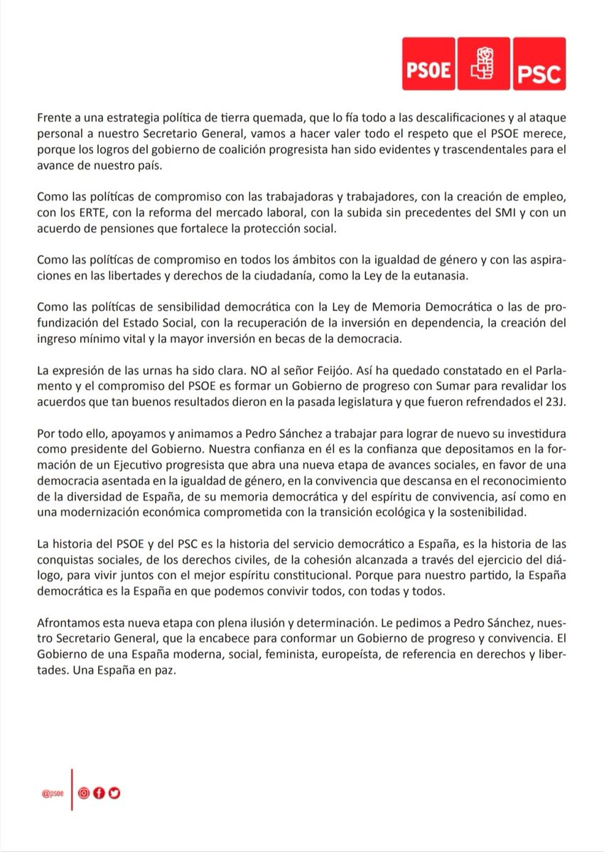 🌹📜  Tot el suport a Pedro Sánchez. Signo, amb la resta de primers i primeres secretàries de PSC, i PSOE, el manifest de suport per un nou govern progressista que faci avançar Espanya en un projecte de progrés i convivència.

psoe.es/actualidad/not…

#Endavant
