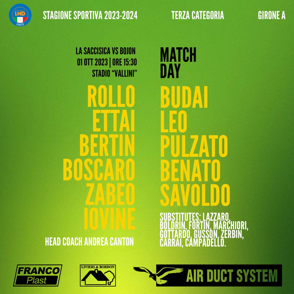 asdbojon's tweet photo. MATCHDAY ⚽

🗓️ Domenica 1 Ottobre 2023 
⏰ 15:30 CEST
🏟️ Stadio “Vallini” 
🏆 Terza Categoria
📲 #SaccisicaBojon 

https://t.co/f0AfwH1Ylm

Ndemo TUTTI in campo!

🟡🟢 #bojon #cuoregialloverde #forzabojon https://t.co/swe7d6nQrF