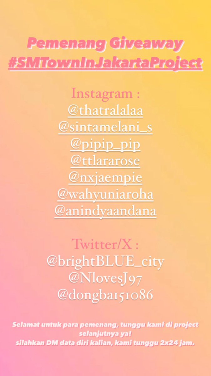 SMTownUnionINA's tweet photo. Selamat kepada para pemenang! Silahkan DM data diri kalian yaa.  @brightBLUE_city @NlovesJ97 @dongba151086 

Sampai jumpa di project selanjutnya 💖💖💖 https://t.co/oJz9mXtPt1