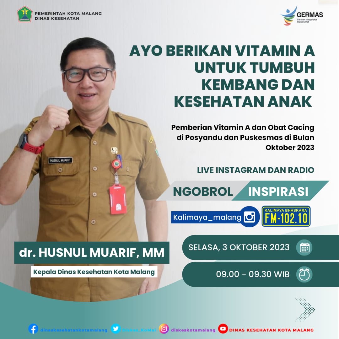 Halo Nawakhealthies

Catat catat yaa bundaa!!
Bulan ini bulannya Vitamin A dan Obat cacing. Ajak si kecil ke posyandu yaa

<a href="/PemkotMalang/">𝐏𝐞𝐦𝐞𝐫𝐢𝐧𝐭𝐚𝐡 𝐊𝐨𝐭𝐚 𝐌𝐚𝐥𝐚𝐧𝐠</a> <a href="/KominfoMalang/">Dinas Kominfo Kota Malang</a> <a href="/KemenkesRI/">Kementerian Kesehatan RI</a>