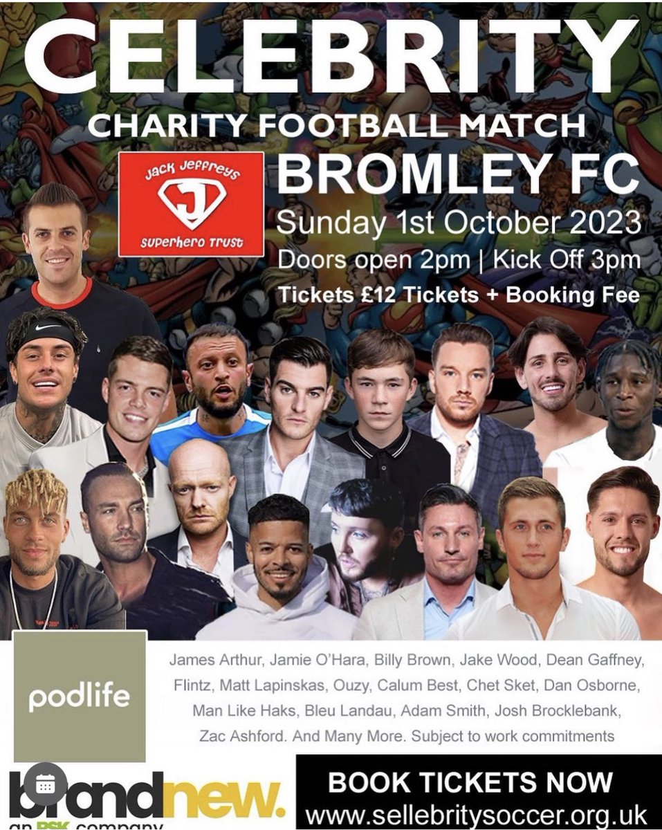 Tickets still available to come down and support <a href="/Jackjeffreysfi1/">Jack Jeffreys Superhero Trust 🎗</a>⚽️👇🏻

sellebritysoccer.org.uk/upcoming-match…

<a href="/CAFCofficial/">Charlton Athletic FC</a> 
<a href="/Sellebrity_UK/">SellebritySoccer</a> 
<a href="/RSKGroup/">RSK</a>