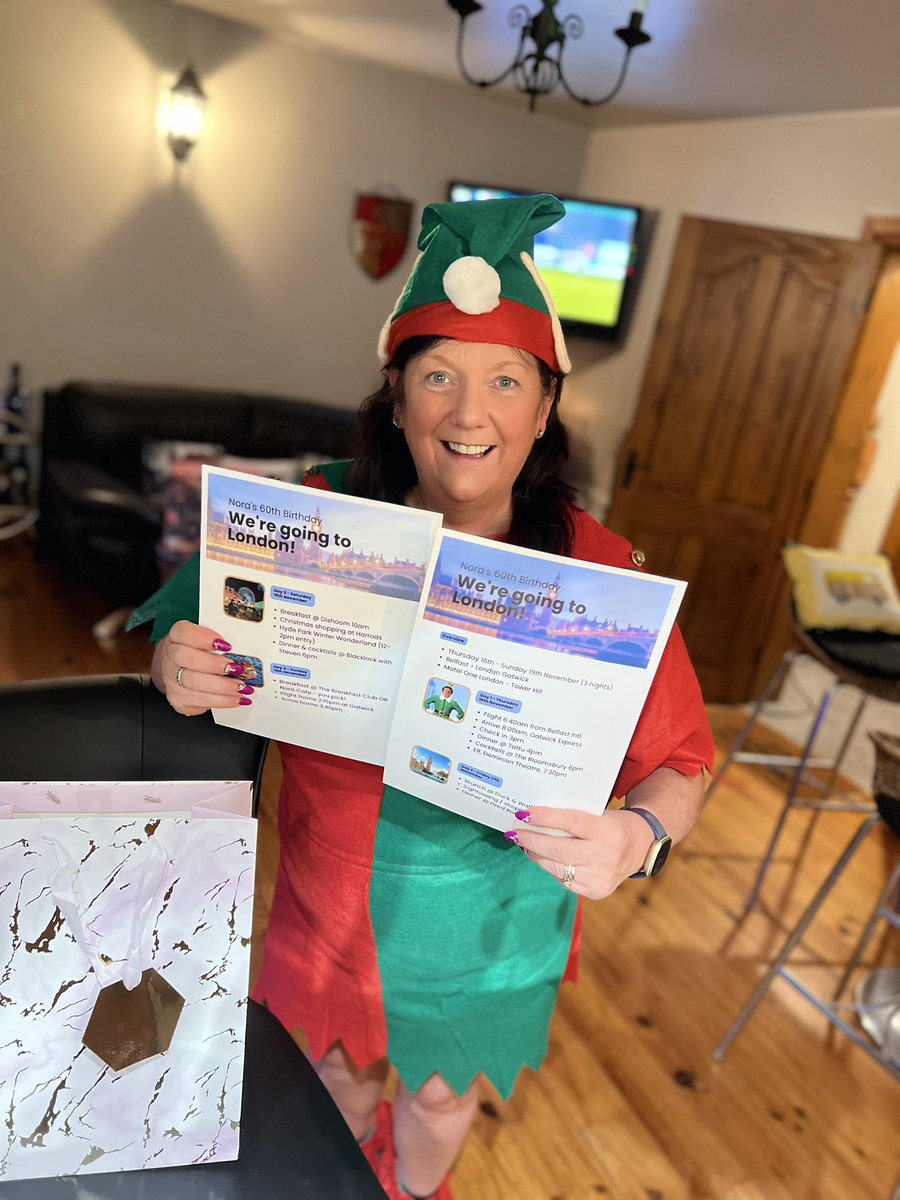 Caeris's tweet photo. Also told my Mum about her 60th birthday trip to London in November which includes Elf on the West End. Her reaction? Become Elf. https://t.co/0cSyy9NfeQ