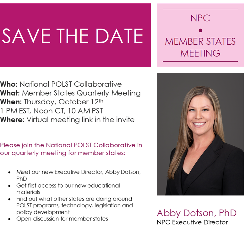 National POLST (@nationalpolst) on Twitter photo Attention all NPC Member States: Our quarterly meeting is on 10/12/23! Please email natlpolstcollaborative@gmail.com for meeting details. Find out if you are a member state here: polst.org/programs-in-yo… Attention all NPC Member States: Our quarterly meeting is on 10/12/23! Please email natlpolstcollaborative@gmail.com for meeting details. Find out if you are a member state here: polst.org/programs-in-yo…