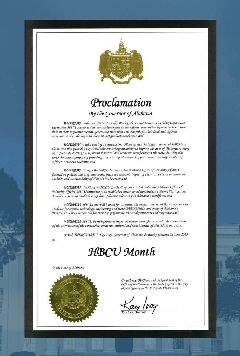 I have proclaimed October as HBCU Month in Alabama! 

With our state being the proud home to the most HBCUs, we celebrate their educational, historical and economic significance. 

Join me in honoring these institutions' vital roles in education and opportunity. #alpolitics