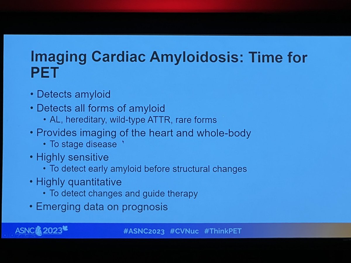 Is it time for PET in cardiac amyloidosis? Indeed, explains the luminary @DorbalaSharmila @BWHCVImaging @harvardmed at #ASNC2023 @MyASNC with key points - PET is:
1) highly quantitative & sensitive 
2) images the heart & whole body
3) detects all forms of amyloid
#ThinkPET #CVNuc