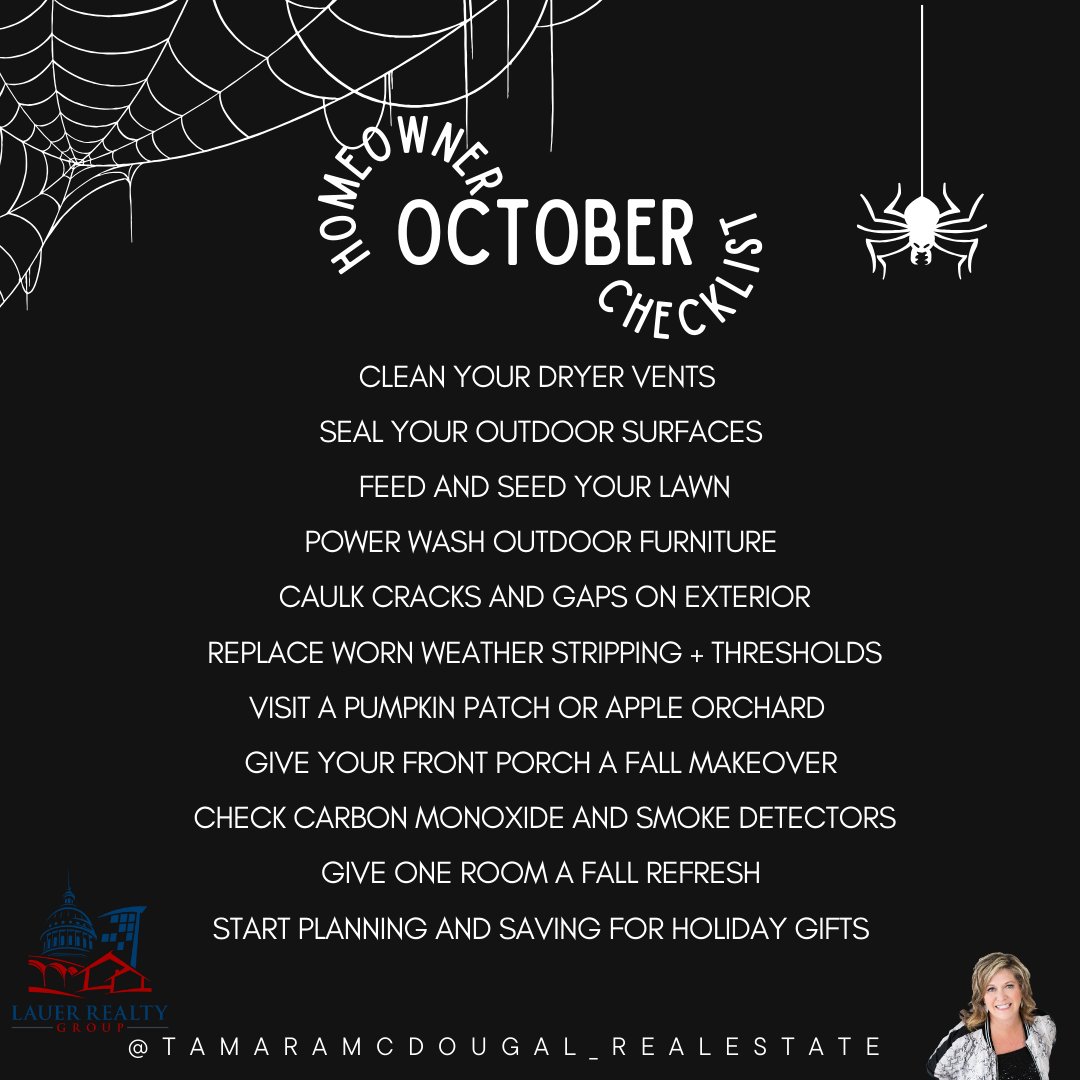 OCTOBER Homeowner Checklist is HERE!
#tamaramcdougalrealestate #tamarasellsmadison #SOLD #madisonwi #homes #listwithme #buywithme #buying #seller #homesales #LRG #home #houseexpert #sellingagent #buyersagent #listingagent #fall #fallvibes #falldecor 
#listit #newhome #october