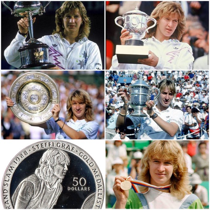 👏🏆🥇🔝¡HISTÓRICO! Hoy se cumplen 35 años (01-10-1988) de una hazaña única en el tenis: Graf festejó en Seúl y logró el 'Golden Slam', es decir, que ese año ganó Australia, Roland Garros, Wimbledon, US Open y oro en los Juegos Olímpicos. La alemana lo hizo con 19 años. Leyenda!!