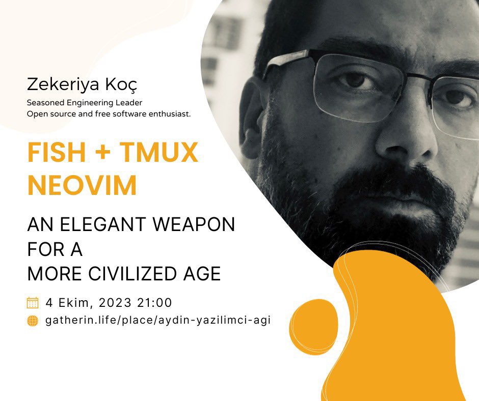 Selamlar, 4 Ekim çarşamba günü çevrimiçi etkinliğimiz var! <a href="/zekzekus/">Zekeriya Koç</a> ile saat 21:00'de "Fish + Tmux Neovim" hakkında konuşacağız. Hepinizi bekliyoruz 🚀

Etkinlik rezervasyonu için: gatherin.life/place/aydin-ya… <a href="/gatherinlife/">gatherin.life</a>
