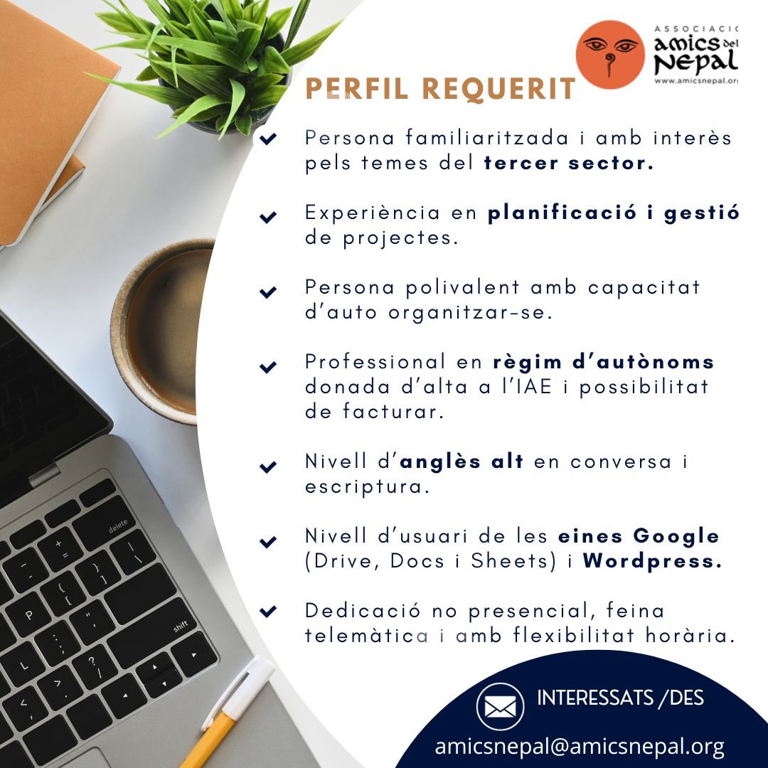 Vols treballar amb nosaltres? Busquem incorporar un professional autònom a l’equip! 
Definició de tasques i perfil requerit al post 👆🏻
Interessats o interessades, escriviu-nos a: amicsnepal@amicsnepal.org