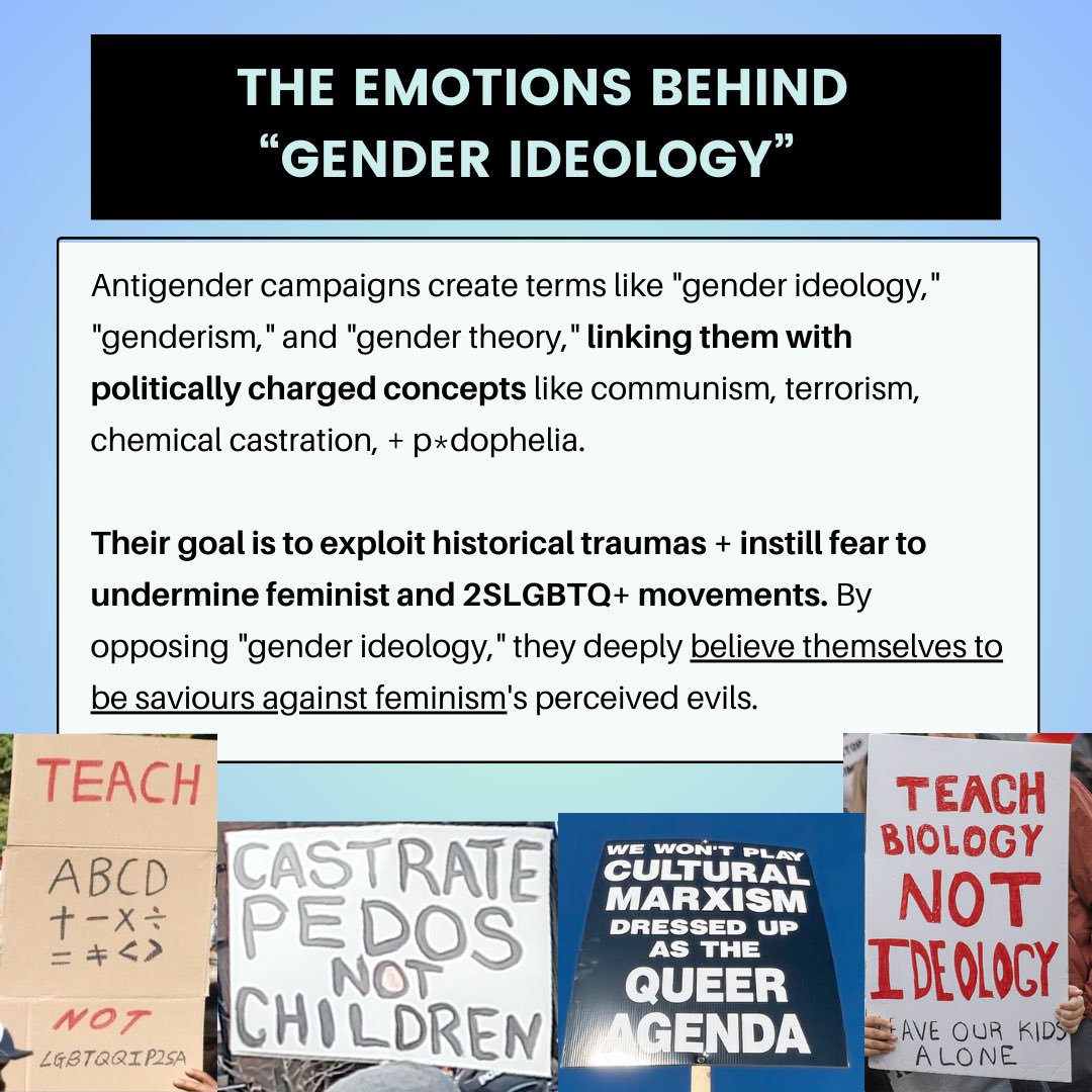 I made some graphics about why the antigender protests happened in Canada. The best resistance is to envision and work towards a safer future for 2SLGBTQ+ folks! More in the thread.

#2SLGBTQIA #queer #trans #resistance  #translivesmatter #lgbtq #lgbtyouth #2spirit #gaycanada