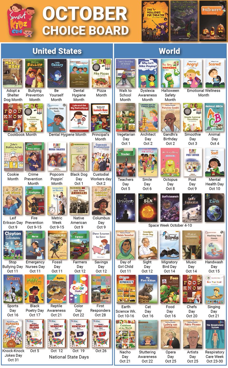 October Choice Board with relevant books to read this month is out. Our 'Just Right' library of read-aloud educational books based on the learning sciences offers a great selection of books for kids. #Halloween #kids #kidsbooks #mobileapp #edtech #bullyingpreventionmonth