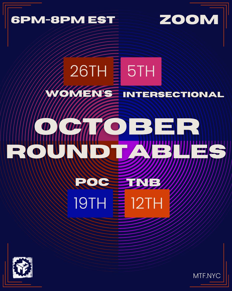 📅 Mark your calendars for October's Roundtables! Join us for enlightening conversations and diverse perspectives in musical theatre. #MTFRoundtables #OctoberSchedule #WritersGroup #FeedbackSpace #MusicalTheatreDevelopmentSpace #GenerativeSpace #OnlineEvent