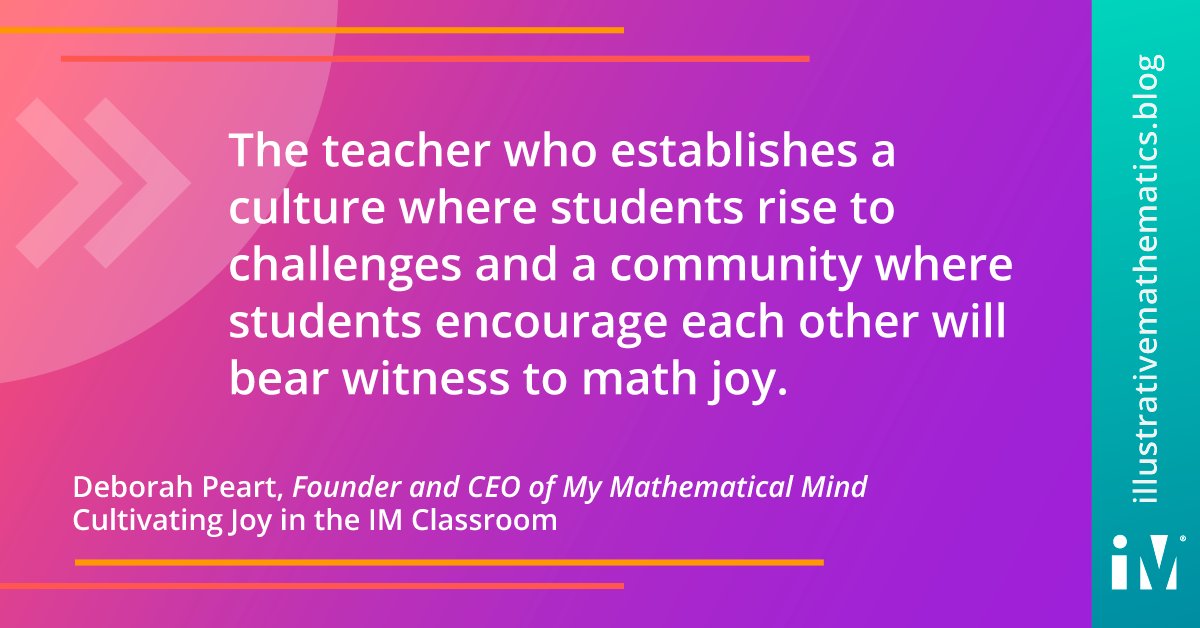 In this week’s featured blog post, Cultivating Joy in the IM Classroom, by Deborah Peart, she explains the joy students feel when they are faced with challenges and given the chance to find their own solutions. 

Read more: illustrativemathematics.blog/2023/09/21/cul… 

#IMxBlog #LearnWithIM