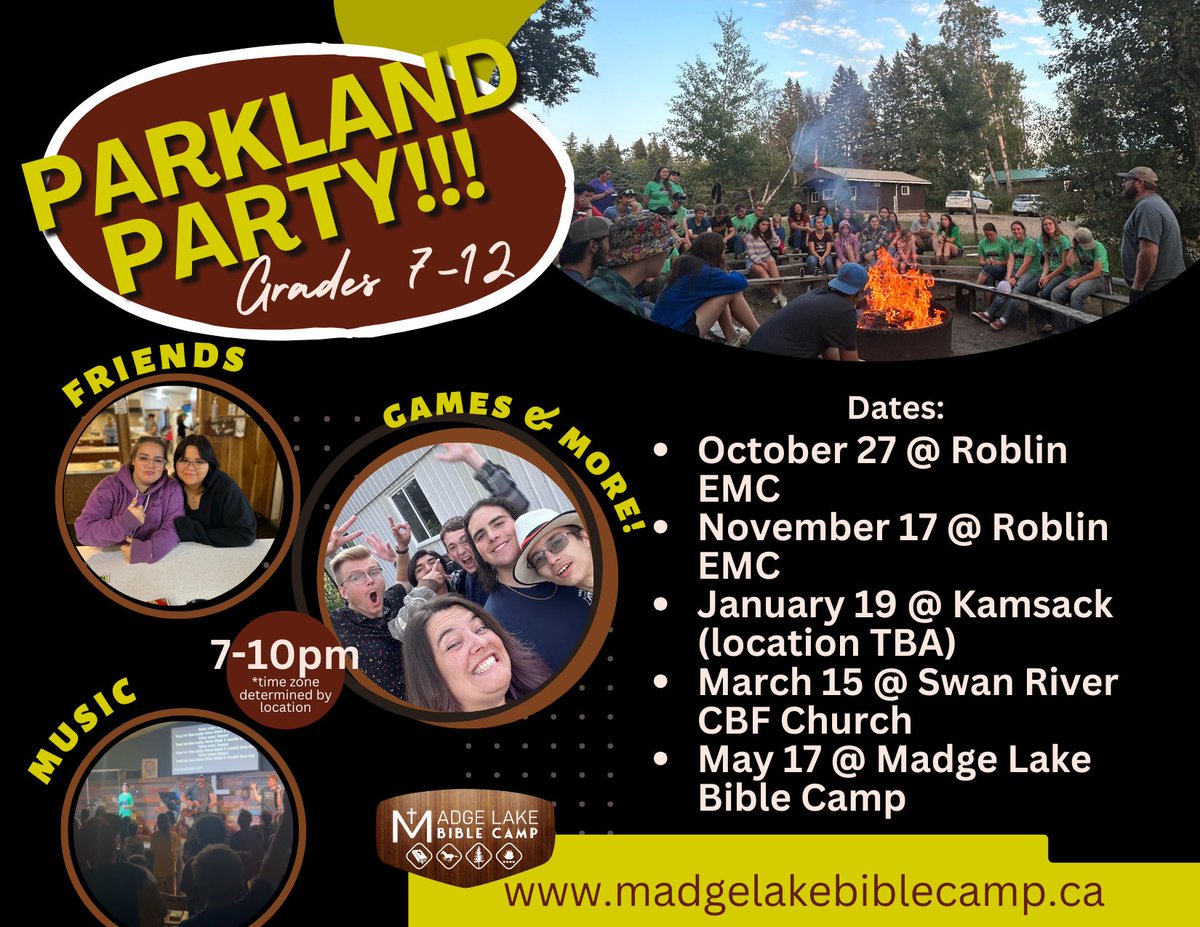 MLBCsk's tweet photo. Parkland Party is a regional youth event for grades 7-12. Here are the dates and locations! Hope to see you in Roblin on the 27th! #Parklandparty #mlbc2023 #mlbc2024 #roblin #swanriver #kamsack #yorkton #langenburg #churchbridge #russell #benito #minitonas #dauphin #canora https://t.co/XloBTXZgFY