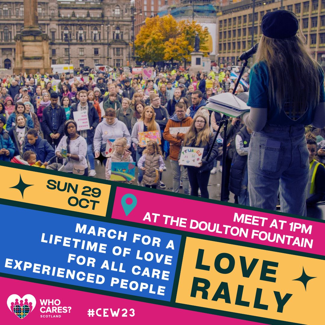 whocaresscot's tweet photo. March with us from Glasgow Green to George Square to show your commitment to achieving a lifetime of love for Care Experienced people. Listen to live music from Care Experienced performers, and we will launch our new Lifelong Rights Campaign! 

Visit - https://t.co/GlDpOPYkFn https://t.co/Aw9hhYBfZF