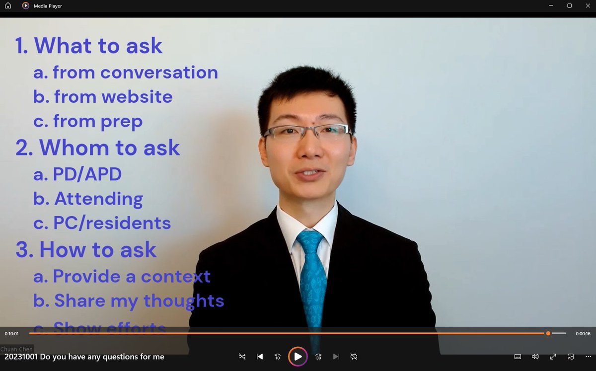 DrChuanChen's tweet image. In the 2nd video of this playlist, the discussion revolves around a frequently asked question during residency interviews: "Do you have any questions for me?" Hope it assists you in preparation and making a memorable impression during #ResidencyInterview😃 youtu.be/DGnAOMhXiwU?fe…