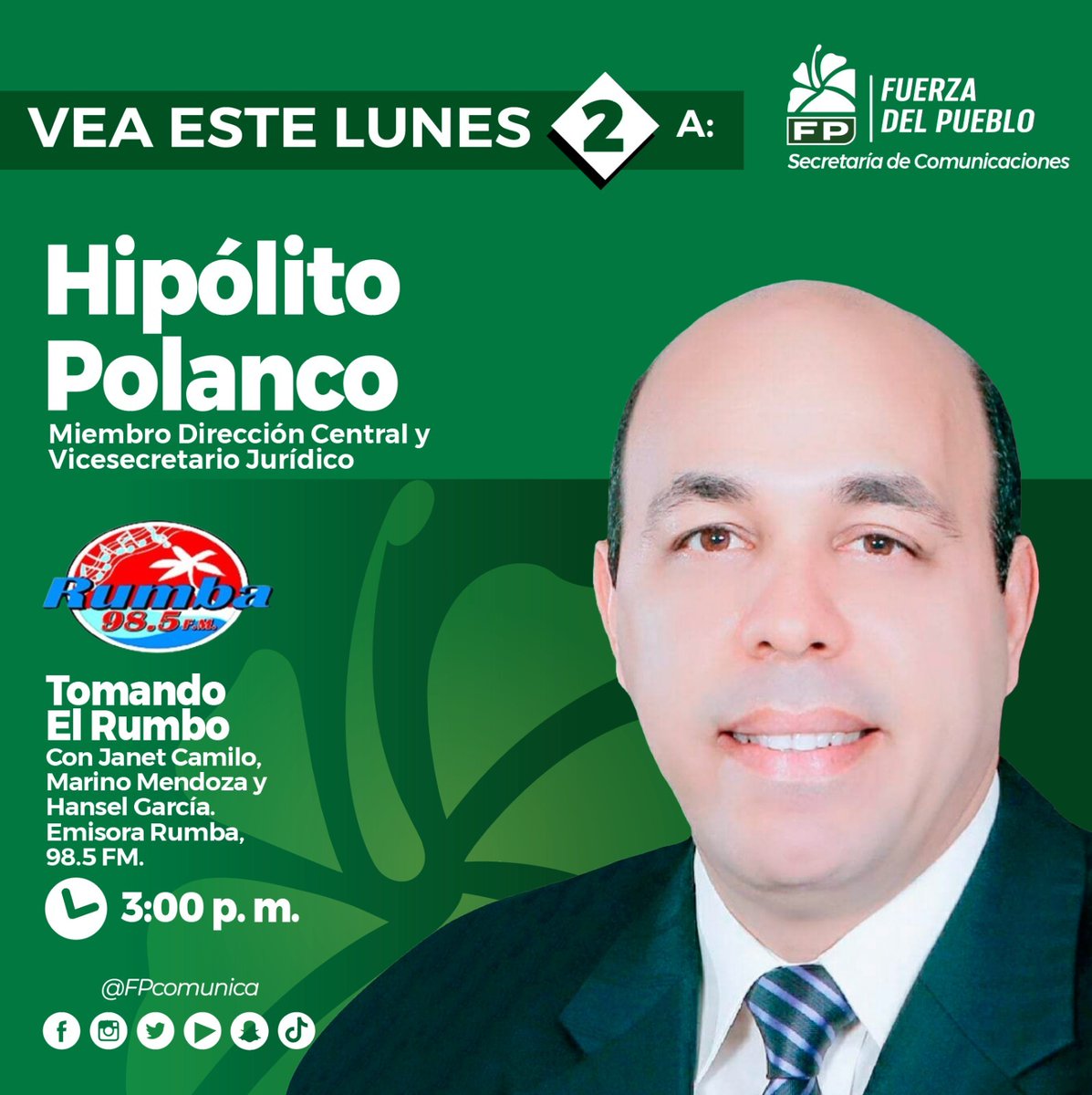 Lunes 2 a partir de las 3pm, nuestra participación en <a href="/rumba985fm/">Rumba FM</a> con <a href="/JanetCamiloRD/">Janet Camilo</a> <a href="/marinomendoza/">Marino Mendoza</a> y <a href="/HanselGarciaR/">Hansel Garcia</a>

Con <a href="/LeonelFernandez/">Leonel Fernández</a> y la <a href="/FPcomunica/">@Fuerza del Pueblo (FP)</a>. Venceremos!
