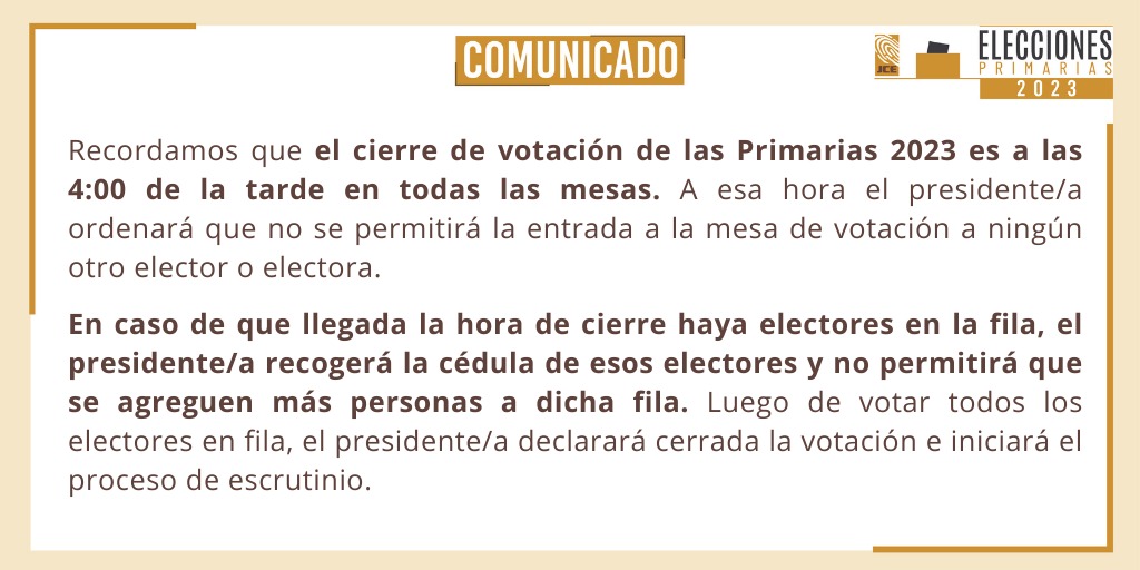 juntacentral's tweet photo. La #JuntaCentralElectoral recuerda el horario de cierre de las votaciones en las #PrimariasRD2023 de este domingo 1º de octubre. https://t.co/4urtMiQJgj