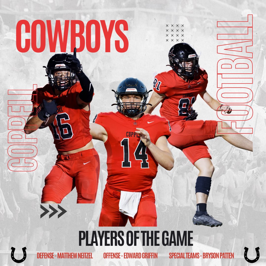 coppellfootball's tweet photo. Congratulations to our players of the game vs. Lewisville

Defense - Matthew Neitzel
Offense - @Edward14Griffin 
Special Teams - Bryson Patten

#CFND #Deepwater https://t.co/Rm6Lq6bWQX
