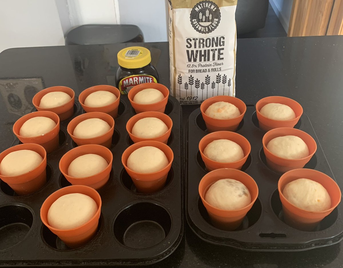 Rob_C_Allen's tweet image. Baked for tea today, 10 plain plantpot #loaves (salmon n cucumber open sarnies) and 6 cheese n marmite loaves.