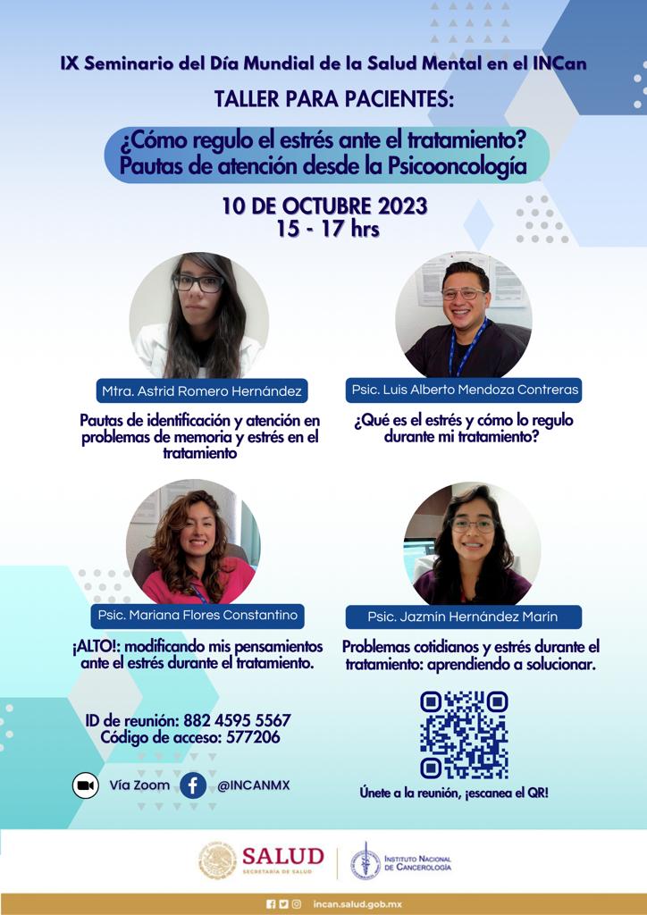 PSICOONCOLOGIA1's tweet photo. Las y los invitamos a IX Seminario del Día Mundial de la Salud Mental del INCan. 9 y 10 de octubre. Virtual. Gratuito.
Lo(a)s esperamos.
Entrar Zoom Reunión
https://t.co/3UhPRhD6uO...
ID de reunión: 882 4595 5567
Código de acceso: 577206 https://t.co/4H6pxLpDZk