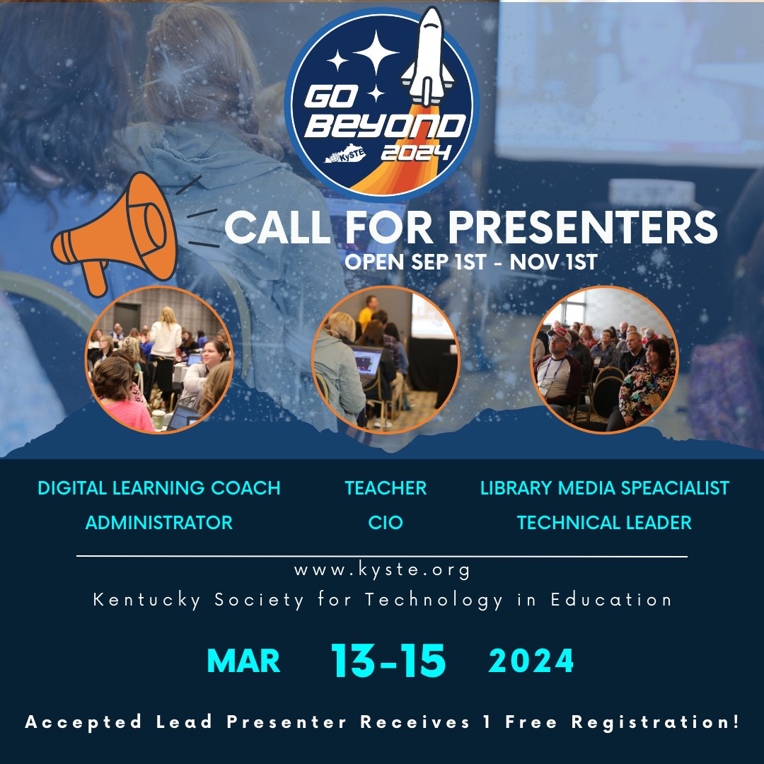 bfwclassroom's tweet image. STLPKentucky: RT @kystetech: #KySTE24 is ready to GO BEYOND with your presentation! Call for Presenters is NOW OPEN Sept 1st-Nov 1st. Be a featured presenter @Kystetech. #KYDLC #KYEdTech #KYLChat #KYTeach #KYLead #GoBeyond Earn 1 Free Full Registration! …