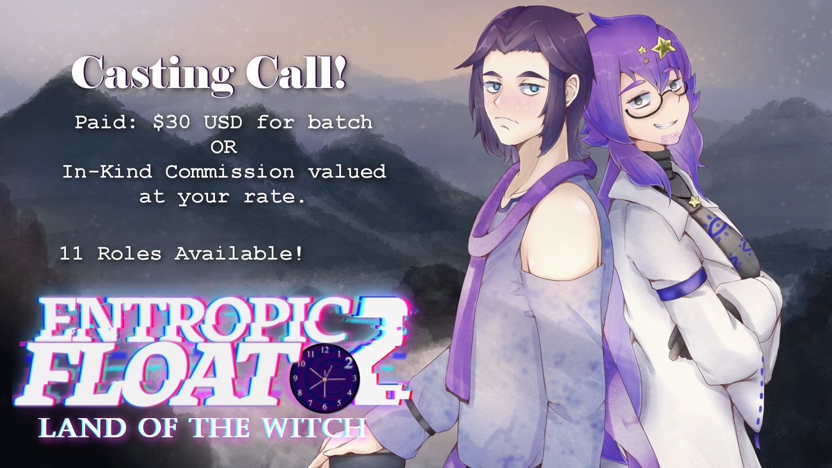 NicohverseTwT's tweet photo. Entropic Float 2 #castingcall alert!

Looking for #voiceacting for Entropic Float 2: Land Of The Witch. 11 Roles available, some reserved for Queer and BIPOC VAs . Spoilers inside, so only click through if you're auditioning! #vndev #visualnovel 

https://t.co/VyA0xAfxyj https://t.co/4M0YQ6rPuM
